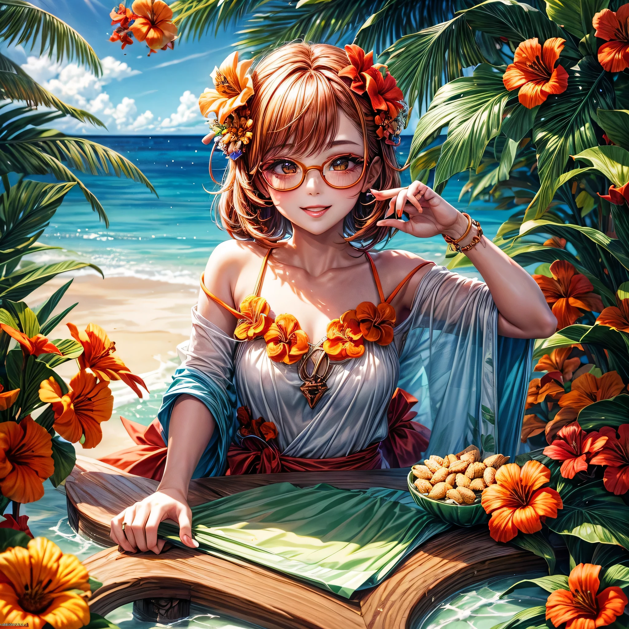 Lipstain floating make up girl tropical design in situ view, orange and green color full flowers, cat glasses, cookies coco nuts tropical flowers contre champ view ,multi fly mouse kawai sunshine time, most details light, smilling face, photographique, realisme, details