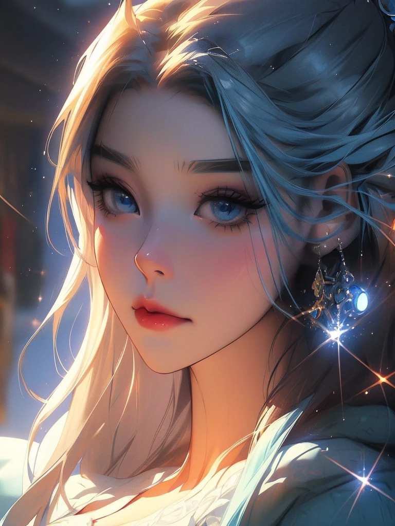 a beautiful young woman with sparkling blue eyes and hair, pastel blue jumpsuit, listening to music in her headsets, detailed portrait, masterpiece, photorealistic, intricate details, vibrant colors, glowing skin, dreamlike, serene expression, soft lighting, ethereal, whimsical, elegant