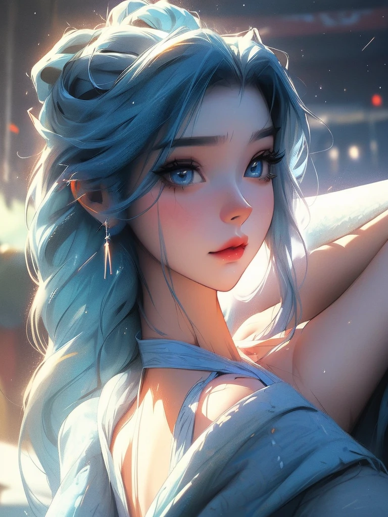 a beautiful young woman with sparkling blue eyes and hair, pastel blue jumpsuit, listening to music in her headsets, detailed portrait, masterpiece, photorealistic, intricate details, vibrant colors, glowing skin, dreamlike, serene expression, soft lighting, ethereal, whimsical, elegant