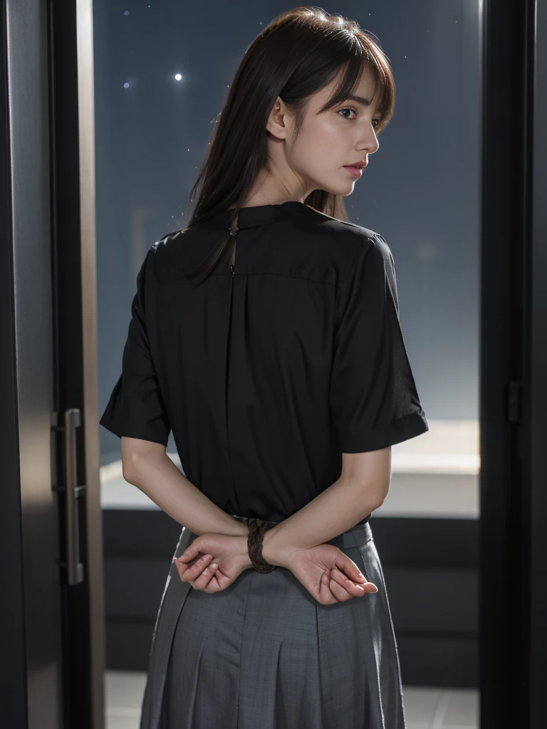 Kidnapped Woman、His hands are tied、((Place your hands behind your back))、((Place your hands together and cross them behind your back))、(((Her wrists are tied with rope、shibari)))、Beauty、20age、university student、(anatomicaly, Has two arms and two hands)、In a hotel room with the lights on、Stand by the window、Outside the window is the night sky、There are many stars、Wearing a short-sleeved blouse、Wear a skirt、Uniform eyes、Proportioned proportions、Model body type、Small breasts、Small face、(I can see from head to heel), Black Hair, bangs, swept bangs, Straight hair, Nervous, Messy Hair, Floating hair, Cinema Lighting, tachi-e, First-person view, throw, From behind, F/1.2, Nikon, Surrealism, 超High resolution, Highest quality, High resolution, 8k, Textured skin, anatomicaly正しい体,