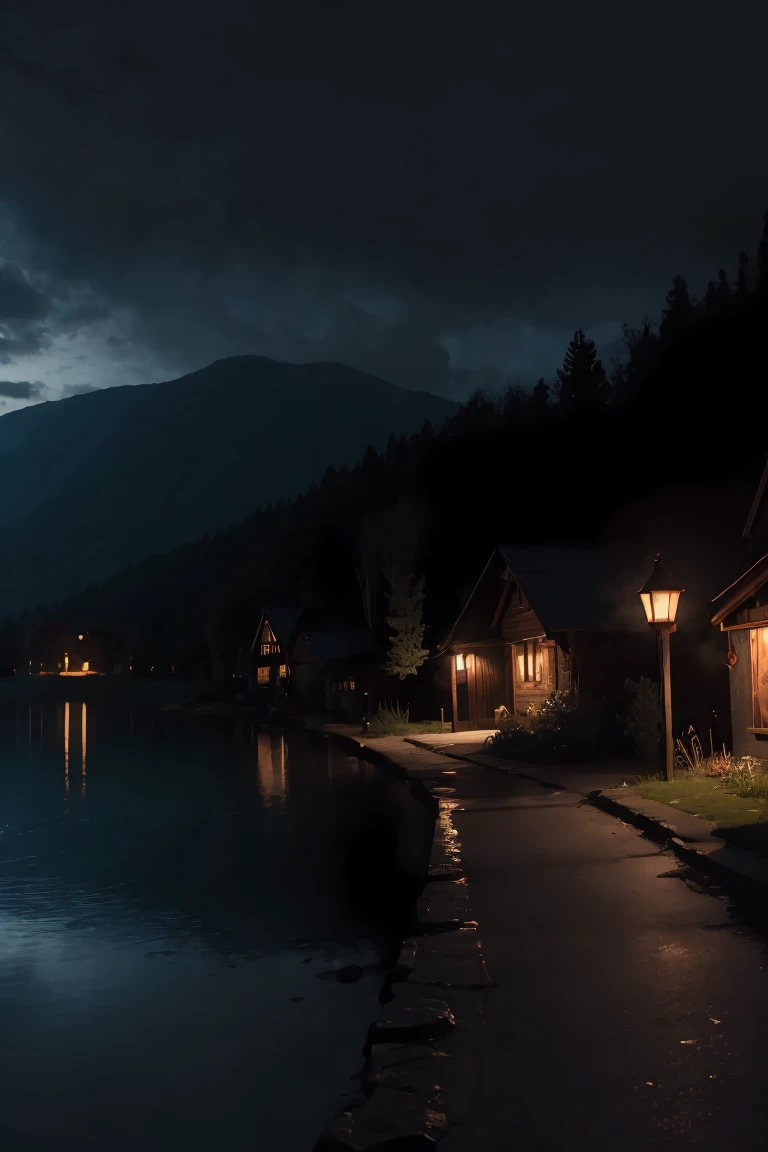 Village surrounded by a lake, natta, macabre dinner, Terror, cinematic lighting, natta escura