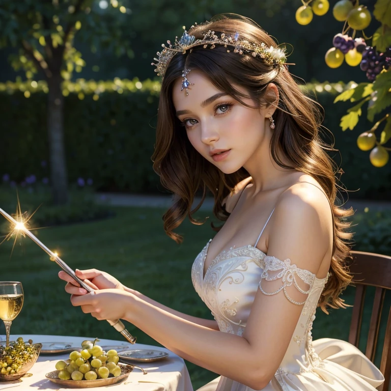 (masterpiece, best quality:1.5), highest quality, High resolution, super detailed, Realists, Upper body photo of a brunette young magical girl, detailed and beautiful eyes, beautiful detailed lips, very detailed eyes and face, longeyelashes, white satin wedding dress, Holding a magic wand in your hand, Cast a transformation spell, With her magic wand she turns stones into grapes, Glowing wands available,Beautiful and colorful makeup, elegant and noble々The jewelry bag, Gardens as background, soft daylight, bright colors, fine brushstrokes, Portrait style, Silk dress fabric, beautiful color palette, glowing skin, First-class rendering, that captures every detail, enchanting atmosphere, subtle shadows and lights, (perfect anatomy:1.2), (The stunning magical girl in a wedding dress turns stones into grapes. Grapes on a table(a transformation with the magic wand:1.4), (magnificent panorama view:1.2)