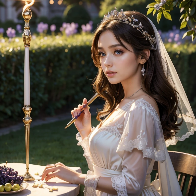 (​masterpiece, best quality:1.5), highest quality, High resolution, super detailed, Realists, Upper body photo of a brunette young magical girl, detailed and beautiful eyes, beautiful detailed lips, very detailed eyes and face, longeyelashes, white satin wedding dress, Holding a magic wand in your hand, Cast a transformation spell, With her magic wand she turns stones into grapes, Glowing wands available,Beautiful and colorful makeup, elegant and noble々The jewelry bag, Gardens as background, soft daylight, bright colors, fine brushstrokes, Portrait style, Silk dress fabric, beautiful color palette, glowing skin, First-class rendering, that captures every detail, enchanting atmosphere, subtle shadows and lights, (perfect anatomy:1.2), (The stunning magical girl in a wedding dress turns stones into grapes. Grapes on a table(a transformation with the magic wand:1.4), (magnificent panorama view:1.2)