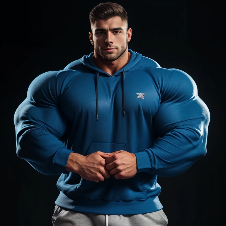 a very handsome young man, massively large muscular, with massively large muscles, with massively large biceps, with massively large arms, wearing a simple blue sweatshirt with long sleeves, on a black background