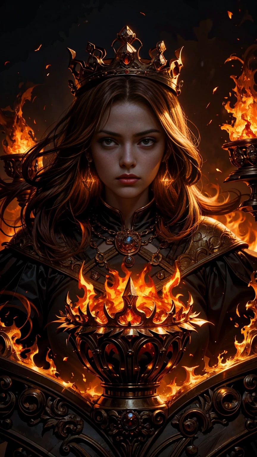 queen of fire character, a crown made of flames, photorealistic, epic, dramatic lighting