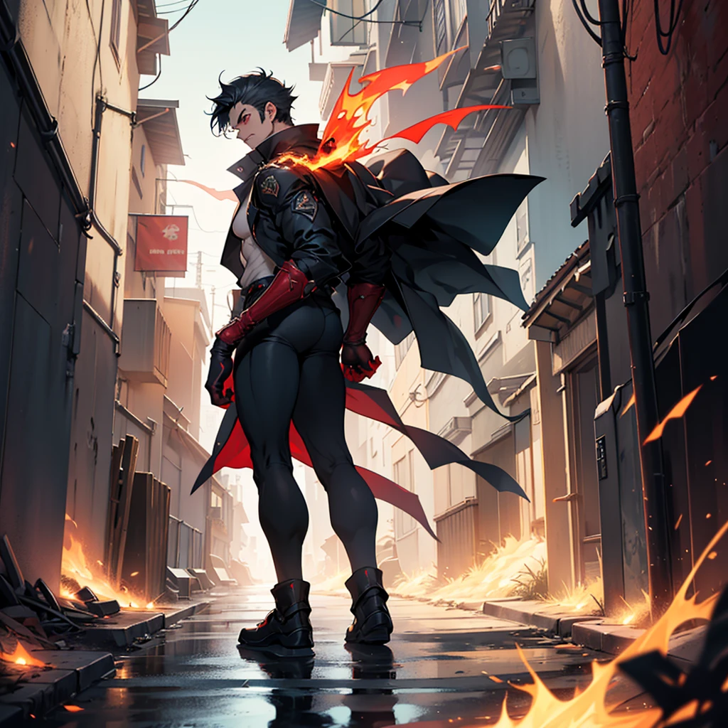 Confrontation scene:

	• Location: A dark and narrow alley in the city. The buildings on both sides are tall, casting shadows that barely let the light through. The atmosphere is charged with tension, with the wind carrying leaves and dust.
	• Icarus: Icarus is standing at the end of the alley, with his dark jacket flapping slightly in the wind. His expression is firm, and his blue eyes shine with determination. His posture is tense, ready for combat. In your hands, his combat gloves are activated, with light flashes of energy.
	•	Garanth: Garanth is located a few meters from Icarus, occupying the center of the alley with his back turned. Your arms, covered with red metal and sharp claws, They are enveloped in an aura of fire that illuminates their grayish face. His red eyes shine, reflecting his pent-up anger and desire to fight.
