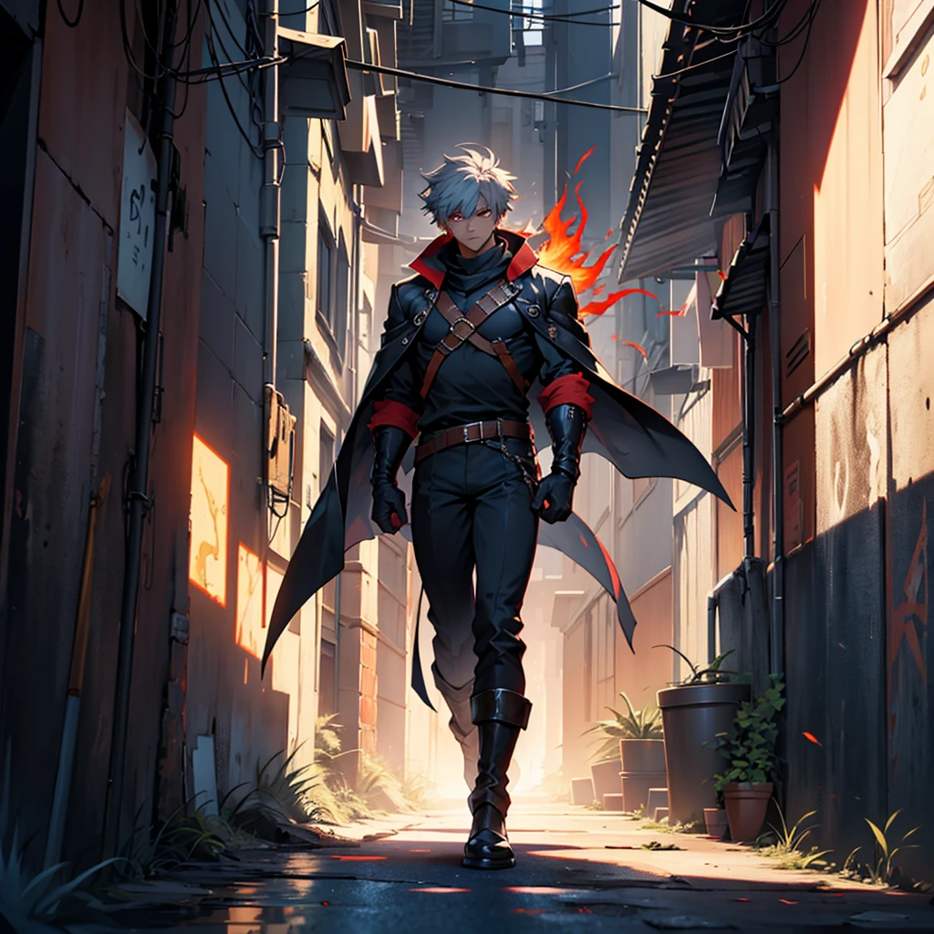 Confrontation scene:

	• Location: A dark and narrow alley in the city. The buildings on both sides are tall, casting shadows that barely let the light through. The atmosphere is charged with tension, with the wind carrying leaves and dust.
	• Icarus: Icarus is standing at the end of the alley, with his dark jacket flapping slightly in the wind. His expression is firm, and his blue eyes shine with determination. His posture is tense, ready for combat. In your hands, his combat gloves are activated, with light flashes of energy.
	•	Garanth: Garanth is located a few meters from Icarus, occupying the center of the alley with his back turned. Your arms, covered with red metal and sharp claws, They are enveloped in an aura of fire that illuminates their grayish face. His red eyes shine, reflecting his pent-up anger and desire to fight.
