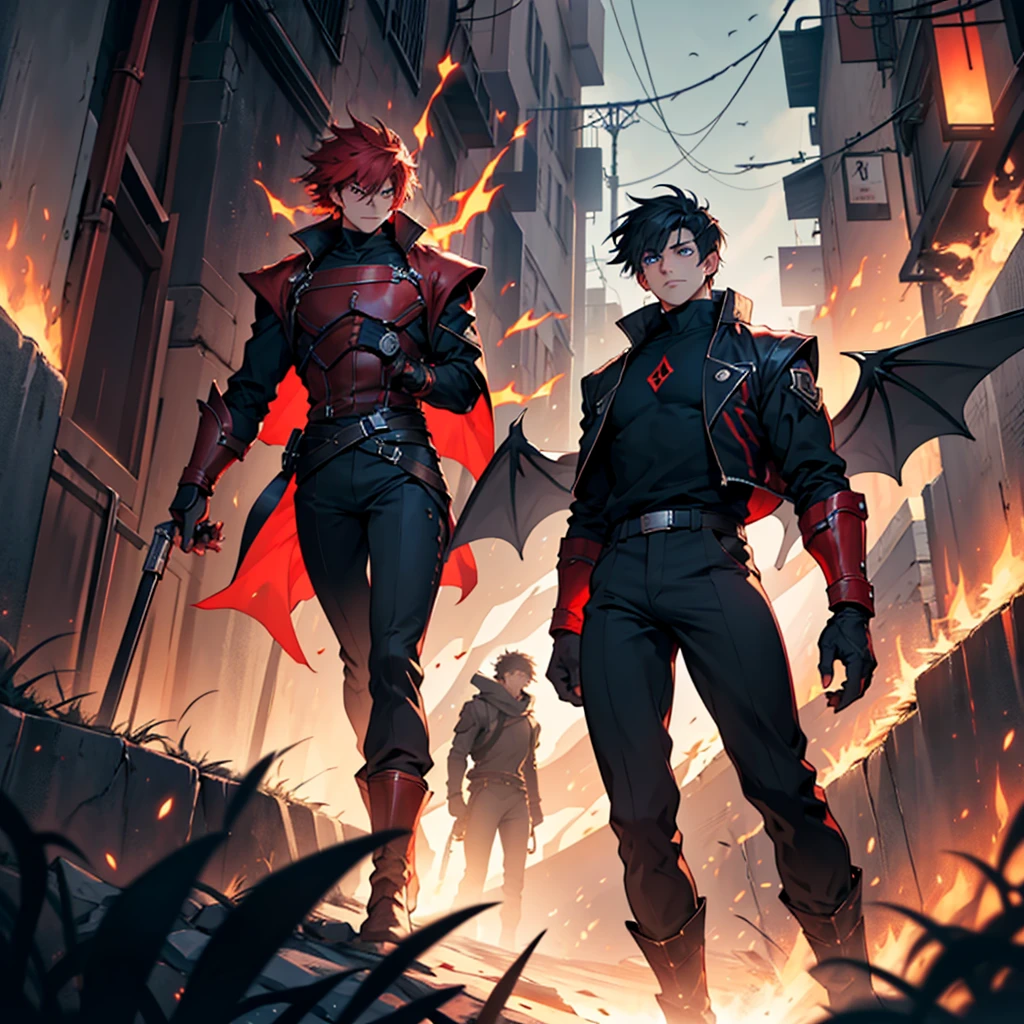 Confrontation scene:

	• Location: A dark and narrow alley in the city. The buildings on both sides are tall, casting shadows that barely let the light through. The atmosphere is charged with tension, with the wind carrying leaves and dust.
	• Icarus: Icarus is standing at the end of the alley, with his dark jacket flapping slightly in the wind. His expression is firm, and his blue eyes shine with determination. His posture is tense, ready for combat. In your hands, his combat gloves are activated, with light flashes of energy.
	•	Garanth: Garanth is located a few meters from Icarus, occupying the center of the alley with his back turned. Your arms, covered with red metal and sharp claws, They are enveloped in an aura of fire that illuminates their grayish face. His red eyes shine, reflecting his pent-up anger and desire to fight.

