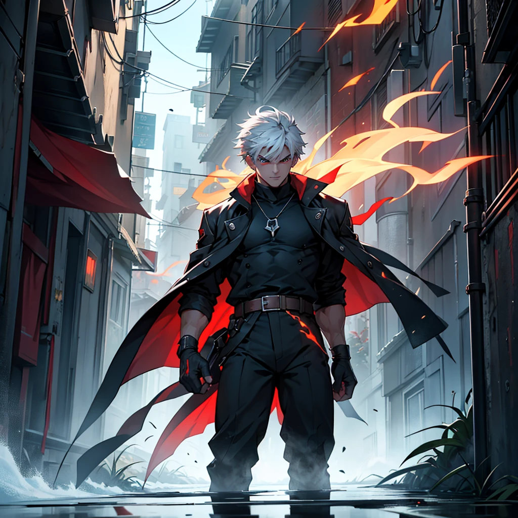Confrontation scene:
• Location: A dark and narrow alley in the city. The buildings on both sides are tall, casting shadows that barely let the light through. The atmosphere is charged with tension, with the wind carrying leaves and dust.
• Icarus: Icarus is standing at the end of the alley, with his dark jacket flapping slightly in the wind. His expression is firm, and his blue eyes shine with determination. His posture is tense, ready for combat. In your hands, his combat gloves are activated, with light flashes of energy.
• Garanth: Garanth is located a few meters from Icarus, occupying the center of the alley with his back turned. Your arms, covered with red metal and sharp claws, They are enveloped in an aura of fire that illuminates their grayish face. His red eyes shine, reflecting his pent-up anger and desire to fight.