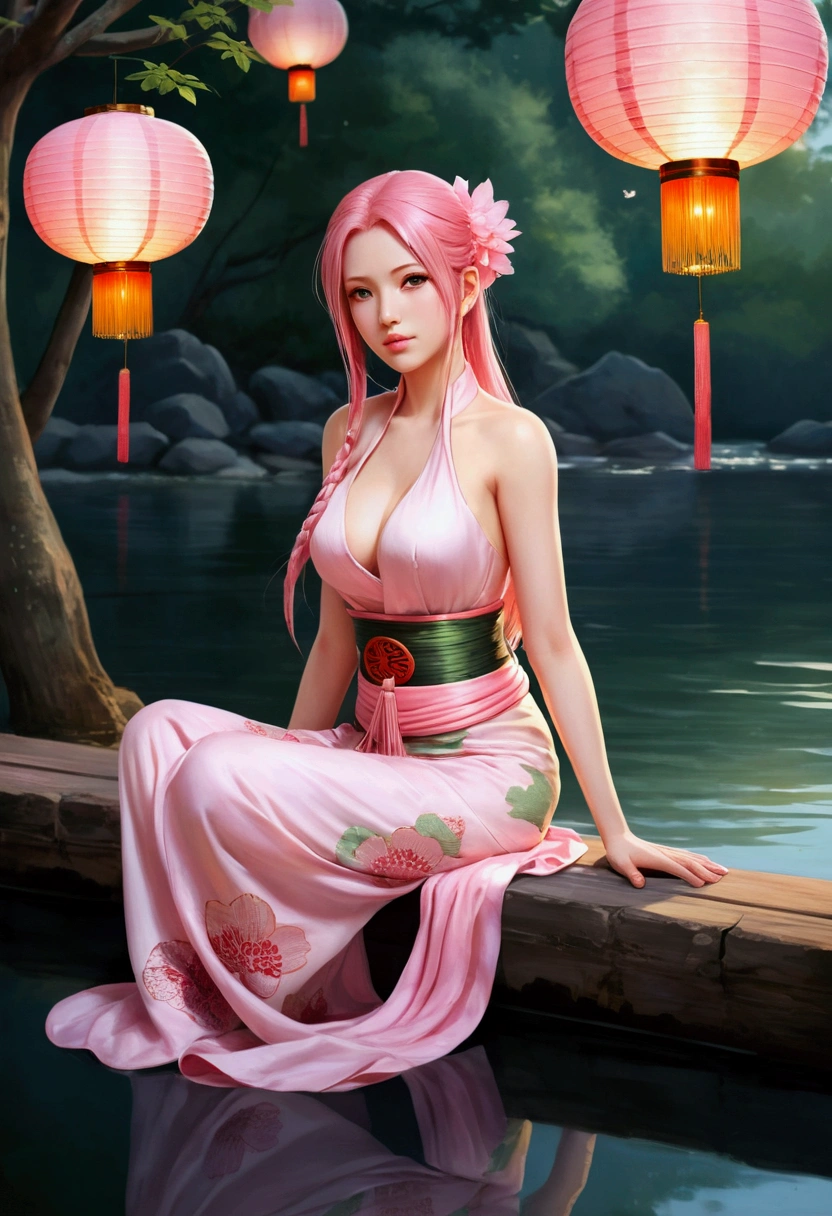 Sitting on a bridge full of river lanterns, feet playing in the water, the art depicts a charming woman dressed in a sakura flowing, silky traditional oriental dress, pink, decorated with intricate patterns and bright colors. Her dress drapes elegantly over her curvy figure, accentuating her seductive silhouette. She sits gracefully by the tranquil lotus lake, her feet playing in the water, bathed in the soft glow of the moonlight. The scene exudes an ethereal and dreamy atmosphere, with a touch of mystery and sexiness. The graphic style blends watercolor and digital illustration techniques to evoke a refined beauty and charm. The lights are filled with soft moonlight, casting soft highlights and shadows on her charming features. Bare thighs, big breasts, three-dimensional facial features, sitting, upturned legs, side braids , beautiful girl long pink hair and green eyes looks like sakura haruno from naruto