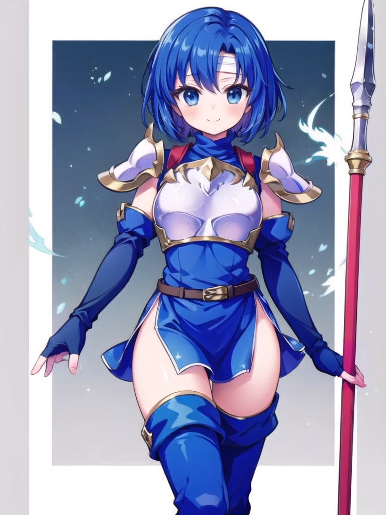 1girl, masterpiece, best quality, perfect hands, blue hair, short hair, catria_echoes, dress, blue elbow gloves, belt, blue fingerless gloves, armor, blue thigh boots, short dress, side slit, breastplate, white headband, pegasus knight uniform \(fire emblem\), smile, spear, blush, parted bangs, pkuniform, blue dress, thigh boots, sexy pose, holding, spear, holding spear