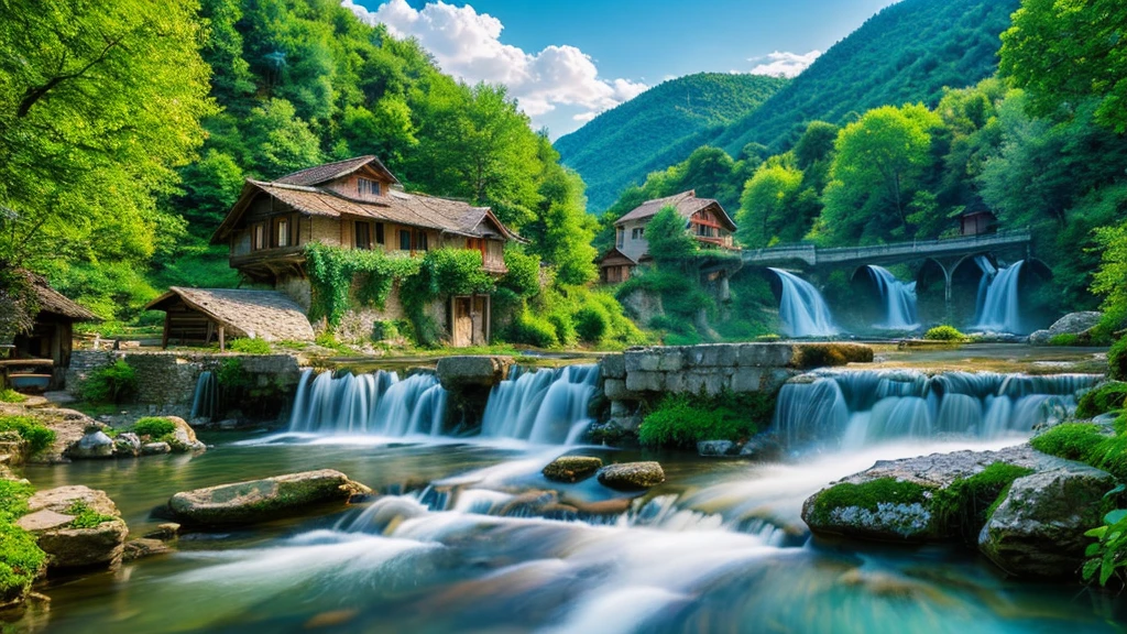 Ancient village of Bosnia and Herzegovina, mystical nature, Rivers, Mountains and forests, waterfall, cloud, Photorealistic photos, It's not 8k. Aerial view.