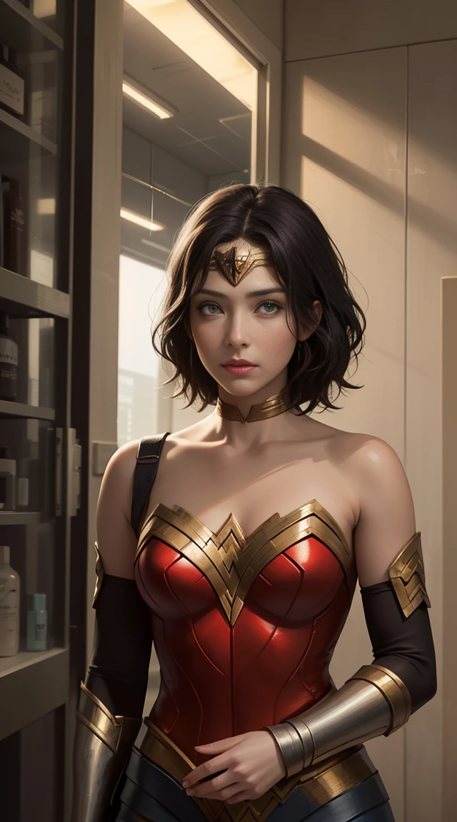wonder woman standing in a beauty store,highly detailed,photorealistic,epic lighting,dynamic pose,intricate costume details,(best quality,8k,ultra-detailed,masterpiece:1.2),(realistic,photorealistic:1.37),vivid colors,dramatic lighting,studio lighting