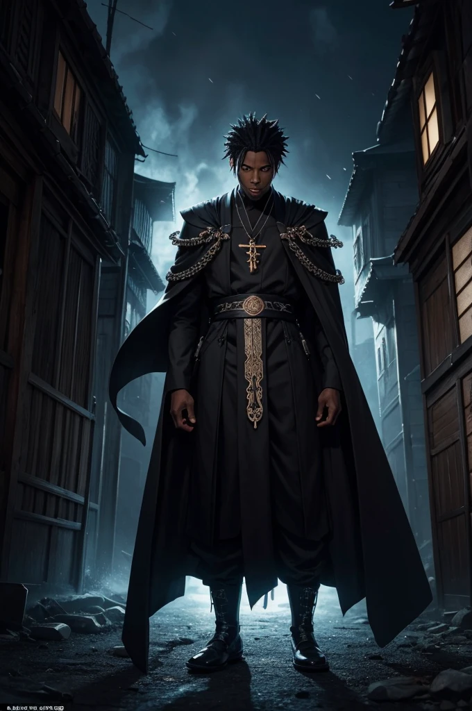 An intricately detailed Japanese anime illustration titled "RAW Byology," depicting a stylish African-American man dressed in a priest-like black vestment. His hair is exquisitely styled, and he stands in a dynamic pose, with the camera's focus subtly on his feet, where his toenails emit mesmerizing blue flames. Behind him, a large black coffin looms, casting a sinister shadow. The backdrop is an old, mystical town, creating an eerie and captivating atmosphere. This high-quality artwork is likely inspired by a novel and combines elements of horror, thriller, and fantasy., anime, illustration