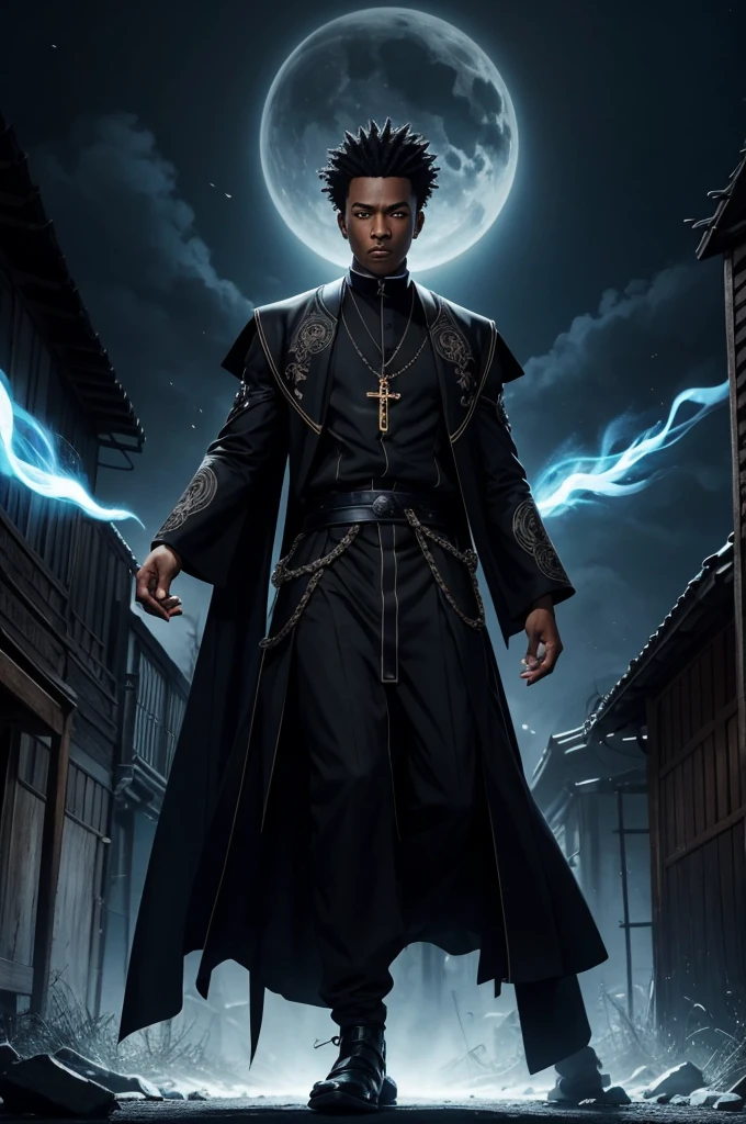 An intricately detailed Japanese anime illustration titled "RAW Byology," depicting a stylish African-American man dressed in a priest-like black vestment. His hair is exquisitely styled, and he stands in a dynamic pose, with the camera's focus subtly on his feet, where his toenails emit mesmerizing blue flames. Behind him, a large black coffin looms, casting a sinister shadow. The backdrop is an old, mystical town, creating an eerie and captivating atmosphere. This high-quality artwork is likely inspired by a novel and combines elements of horror, thriller, and fantasy., anime, illustration