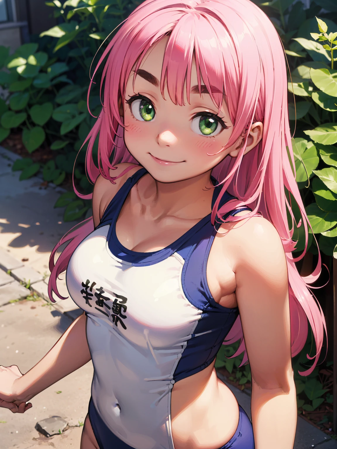 8K quality,(super masterpiece:1.3),Highest quality,Detailed Images,1 female,symmetrical beauty,10th Generation,Medium build,(smile,smile),(Pink Hair,Long Hair),(Thick eyebrows,Thick eyebrows),(Droopy eyes,Green Eyes,Green Eyes,Bright Eyes),(Large Breasts,F cupの胸),Tan Skin,(School Swimsuit),(Draw the whole body),(Face directly towards the camera,Looking directly at the viewer,looking at the camera,The body faces the viewer,The body is facing the direction of the camera,Face looking straight into the camera).