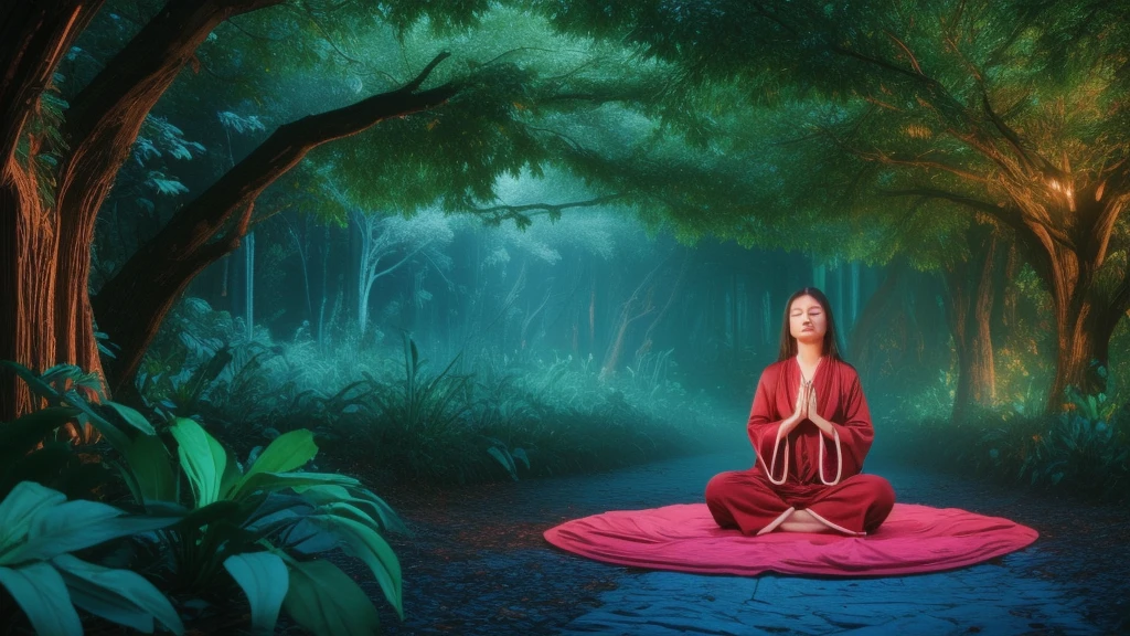 a person meditating in a wide robe, beautiful lush valley landscape, enchanted world, feeling of contemplation, symbols of nature, strong vibrant colors, cinematic lighting