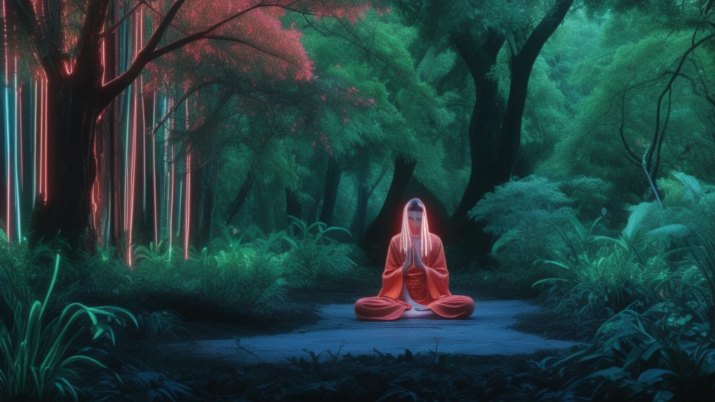 a person meditating in a wide robe, beautiful lush valley landscape, enchanted world, feeling of contemplation, symbols of nature, strong vibrant colors, cinematic lighting