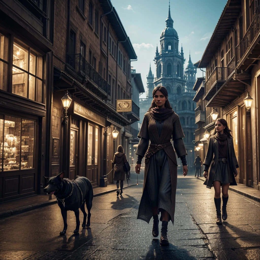 A beautiful city with some people walking around, nice clothes, a happy dog walking by.
thread captured in an ultra-realistic full HD 4K portrait, detailed texture showing its menacing shape, Immersive atmosphere, high definition shadow play, digitalpainting, nevoa no environment.