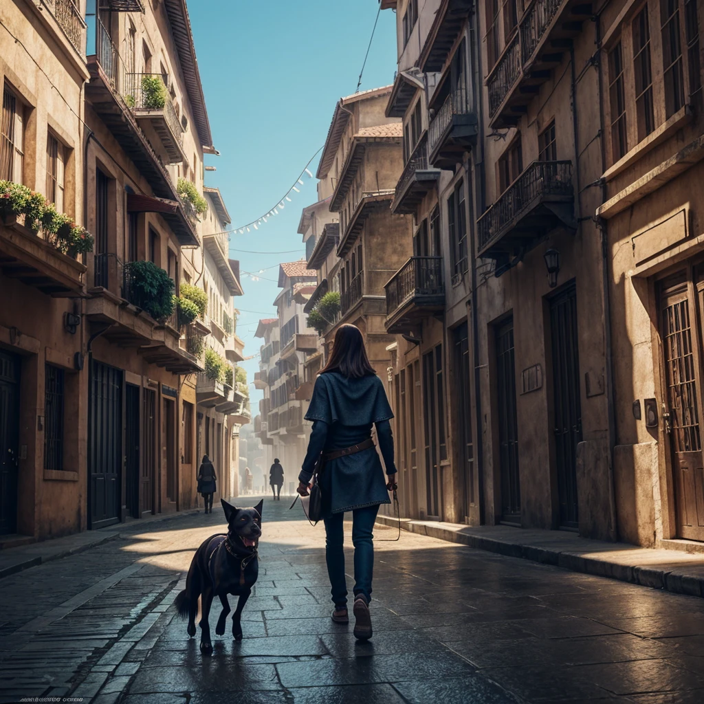 A beautiful city with some people walking around, nice clothes, a happy dog walking by.
thread captured in an ultra-realistic full HD 4K portrait, detailed texture showing its menacing shape, Immersive atmosphere, high definition shadow play, digitalpainting, nevoa no environment.