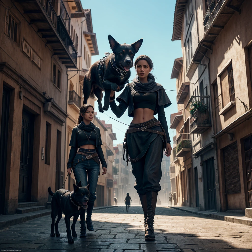 A beautiful city with some people walking around, nice clothes, a happy dog walking by.
 thread captured in an ultra-realistic full HD 4K portrait, detailed texture showing its menacing shape, Immersive atmosphere, high definition shadow play, digitalpainting, nevoa no environment.