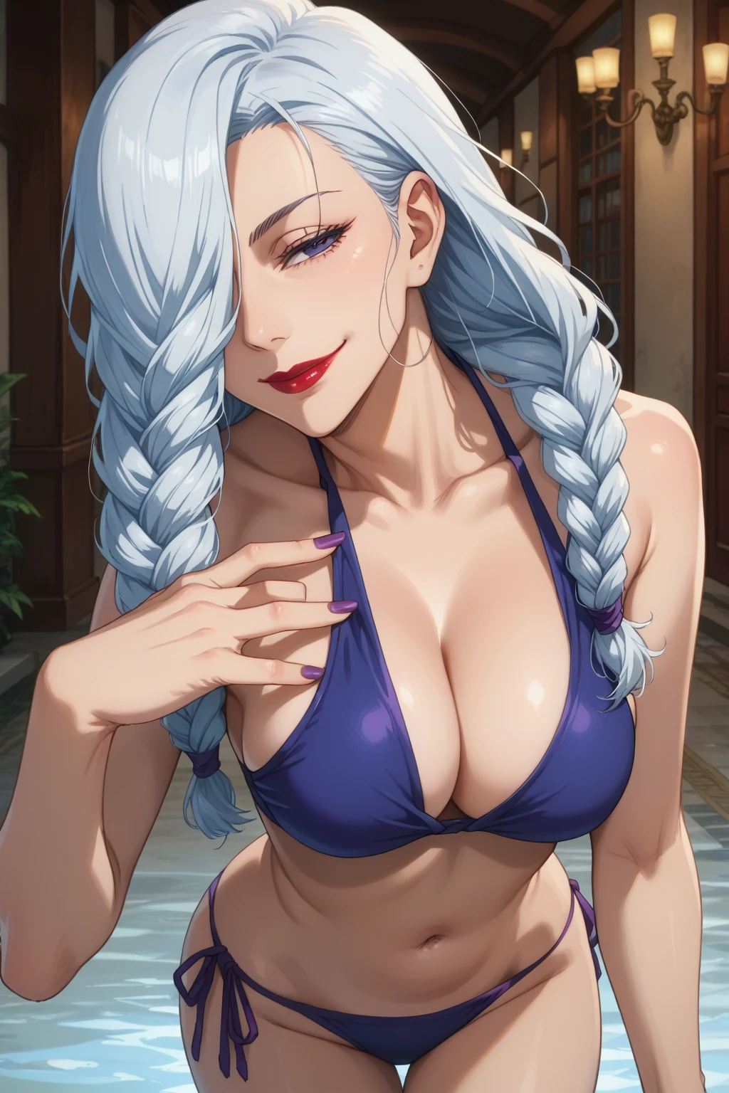 score_9_up, score_8_up, score_7_up 1girl, purple nails, mature female, ChopioMeiMei, white hair, long hair, braided ponytail, front pontytail, purple eyes, braid, hair over one eye, one eye covered, red lips, lipstick, half-closed eyes, looking at viewer, smile, closed mouth, purple nails, blue bikini, standing, posing, side-tie
