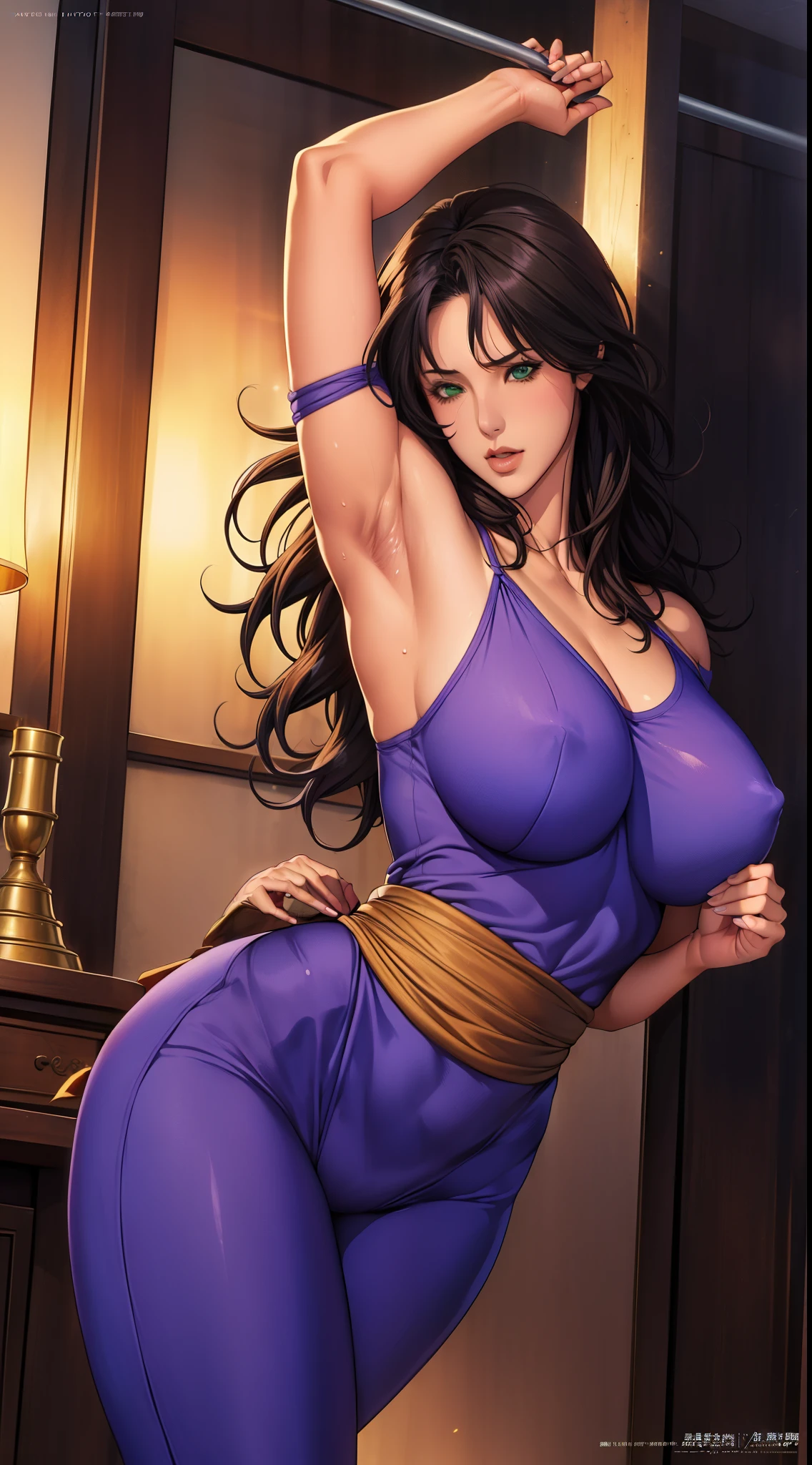 (8ก, 最high quality: 1.2), Very detailed, Complete Solution, (Realistic, Realistic photo: 1.5), Portraiture, High resolution RAW color photograph, Professionally arrested, High resolution and beautiful, High resolution, 8ก Image Wallpaper, Amazing details, Large file size, Very detailed美しい女の子, Very detailed face, (Very fine and very beautiful eyes:1.8), The nose is precisely shaped., Expressive red lips, The background is not blurred, One Story, pretty girl, Realistic、 (Movie Scenes,Fantasy art,最high quality,high quality,High resolution,high qualityの質感,Attention to detail,Beautiful details,The finer details,Very detailedCG,Detailed Texture,Realistic representation of face,whole body写真撮影,in front,dynamic,bold),1 girl,Very detailed肌,curve,(Purple bodysuit,Off the shoulder, Green sash :1.5),(Wearing a belt around the waist),(Expose your thighs completely to the viewer:1.4),(Rope Bondage:1.4),((Raise your arms above your head:1.6)),((Please show me your armpits:1.6)),Standing with legs spread from side to side,((length legs)),((Poses that make your legs look longer)),(Nipples are visible:1.2),(Beautiful breasts,Under the chest,Large Breasts:1.5),Pale skin,Pointed Chest,(Very fine hair),(Very soft hair),(Wavy Hair),length, sleek bangs,Very light coppery amber hair,length hair down to the waist,(Hair on one eye:1.3),(Open your mouth:1.2),blue eyes,Sensual look,(blush),Sleeveless,Mature Woman,Detailed fingers, Perfect hands, length180cm,Small face,sweating,Sweat on the face,((Small breasts:1.3)),((Small Ass:1.2)),Tied up woman,complain of embarrassment,(anger),shout,Soft thighs,Sexy Legs,Sexy ass, Cleavage,Unpack the box,Smooth thighs and legs,((Amazing orgasm)),大きなSexy ass, ((length and beautiful leg details)),Wearing high heels,Perfect Body Proportions,(The body is slim), (Narrow waist),Nipples are visible,areola protruding,,Tight waist,(length legs:1.6),Open your thighs,Huge :1.1,perspective:1.2,Looking at the audience,Character-centric,symmetry diagram,whole body:1.5,From above:1.2,Abdominal shot