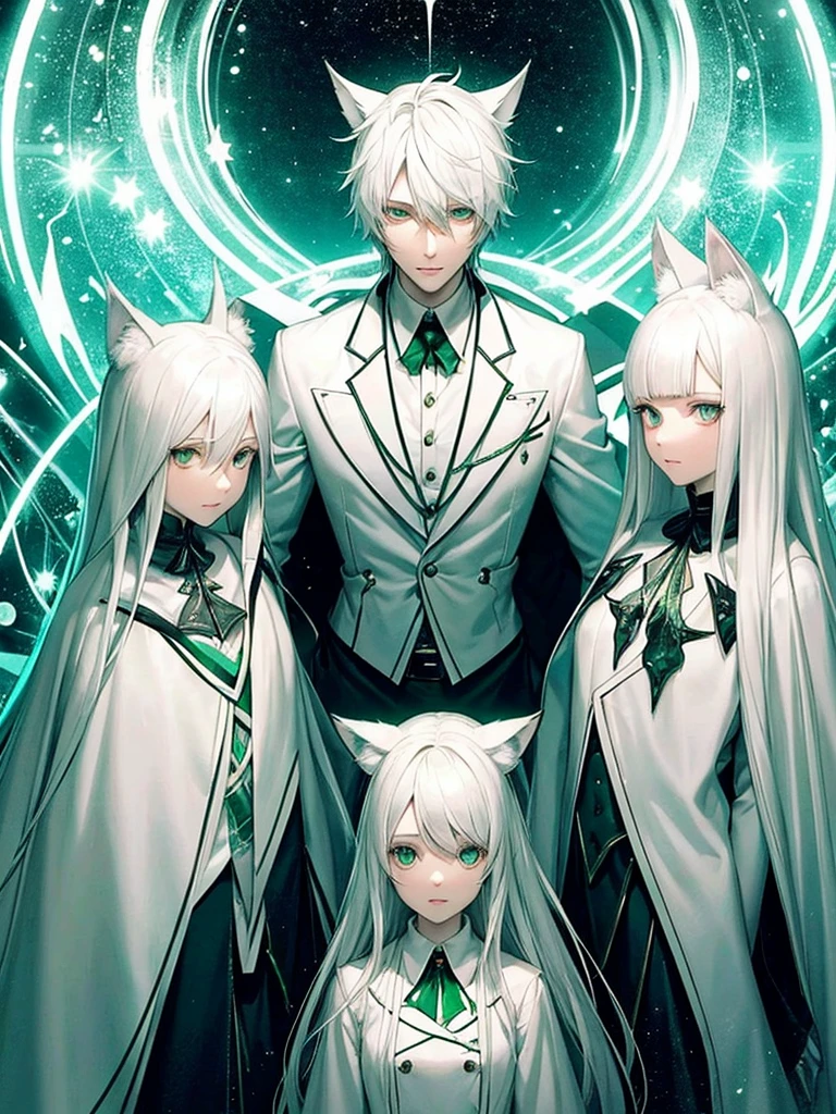 A psychologist with a white coat and wolf ears, beautiful, albino, tall, 28 years old, with his two twin sisters with emerald green eyes.