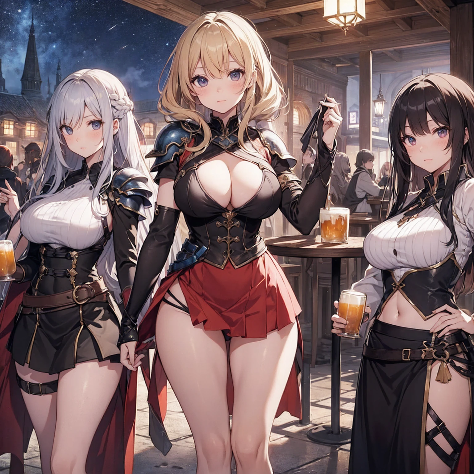 A group of female adventurers set in a medieval fantasy world,Dancer、 (At the pub), Mr.々Hair style, Harem, night, Detailed aspect, Short skirt, Seduce, No sleeve, armor 、showing off panties、Huge Breasts、Big Ass、wide waist width、Pulling up her skirt