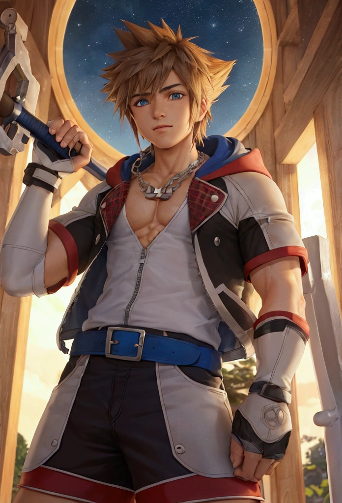 (masterpiece, Highest quality:1.2), Cowboy Shot, alone, Men&#39;s Center, One boy, sky \(Kingdom hearts\),Muscular body, Hall々A muscular body, Hall々A clean-cut appearance, Muscular arms, Muscular legs, only a main part, Trapezoidal fuselage, Rugged body, Muscular body, Round and fleshy pectoral muscles, Defined Abs, Defined Weapons, defined legs, Flex your muscles and laugh, View your viewers, Arms crossed, Hooded jacket, Shorts