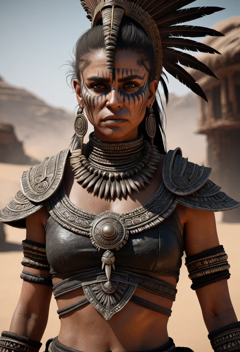 female aztec warrior, Mad Max's style, (ArtStation:1.1), (difficult:1.1), One, female, I look at the viewer, photorealistic, 8 K, unreal engine, inspired by X.p. Giger, half body portrait, very detailed,