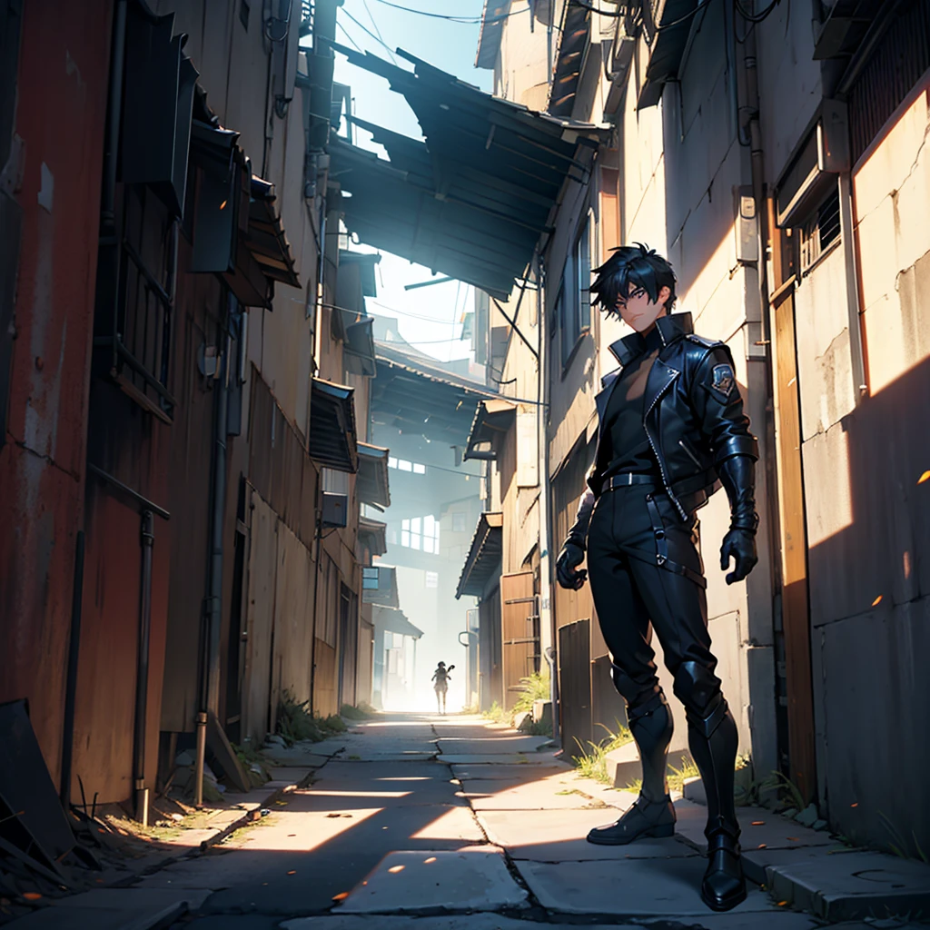 Confrontation scene:
• Location: A dark and narrow alley in the city. The buildings on both sides are tall, casting shadows that barely let the light through. The atmosphere is charged with tension, with the wind carrying leaves and dust.
• Icarus: Icarus is standing at the end of the alley, his hair is black and sleek with his dark jacket blowing slightly in the wind.. His expression is firm, and his blue eyes shine with determination. His posture is tense, ready for combat. In your hands, his combat gloves are activated, with light flashes of energy.