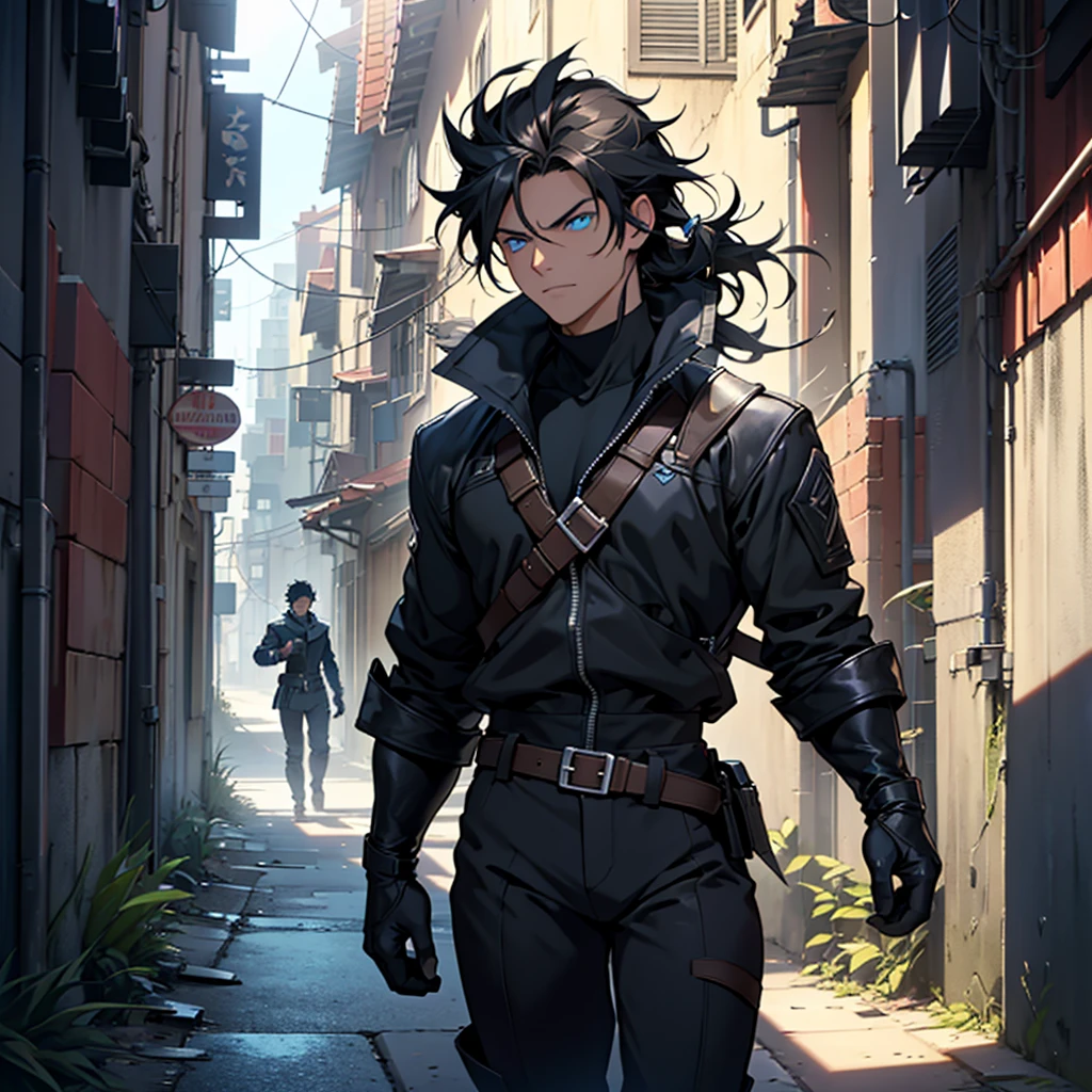 Confrontation scene:

	• Location: A dark and narrow alley in the city. The buildings on both sides are tall, casting shadows that barely let the light through. The atmosphere is charged with tension, with the wind carrying leaves and dust.
	• Icarus: Icarus is standing at the end of the alley, his hair is black and sleek with his dark jacket blowing slightly in the wind.. His expression is firm, and his blue eyes shine with determination. His posture is tense, ready for combat. In your hands, his combat gloves are activated, with light flashes of energy.
