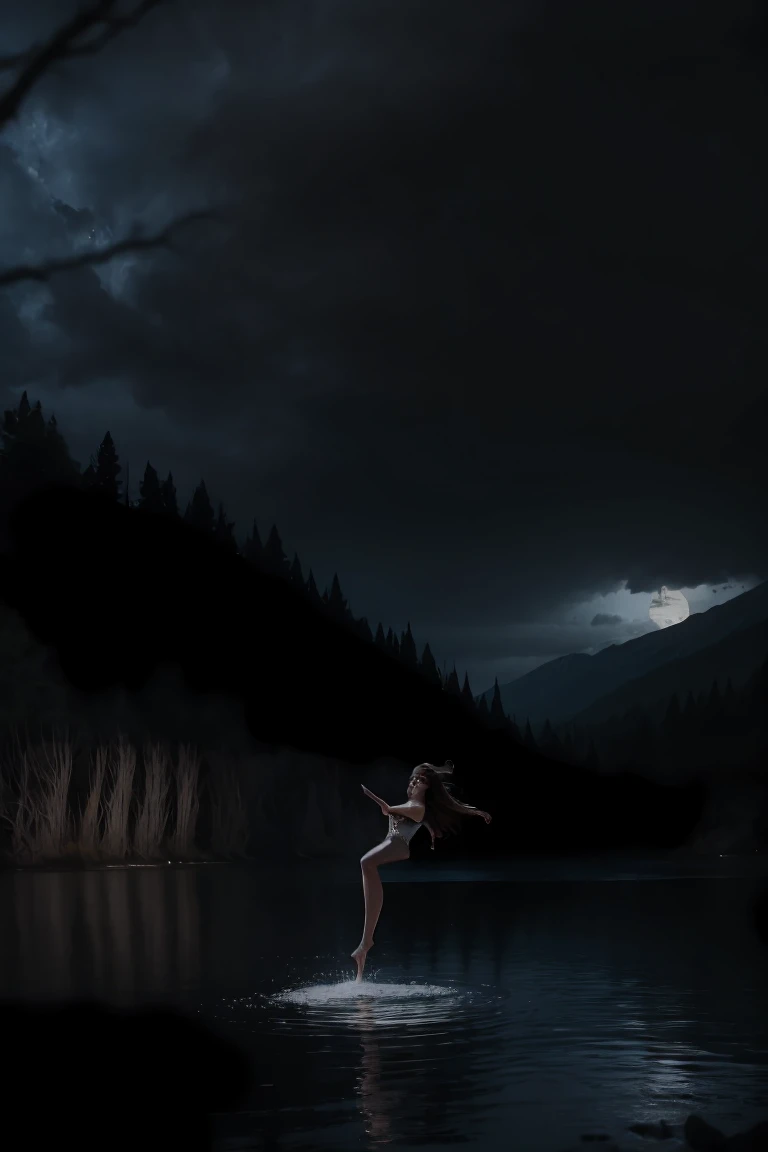 Bride throwing herself into a lake to her death, pain and dexterity, death scene, dark evening, dark lake, macabre image