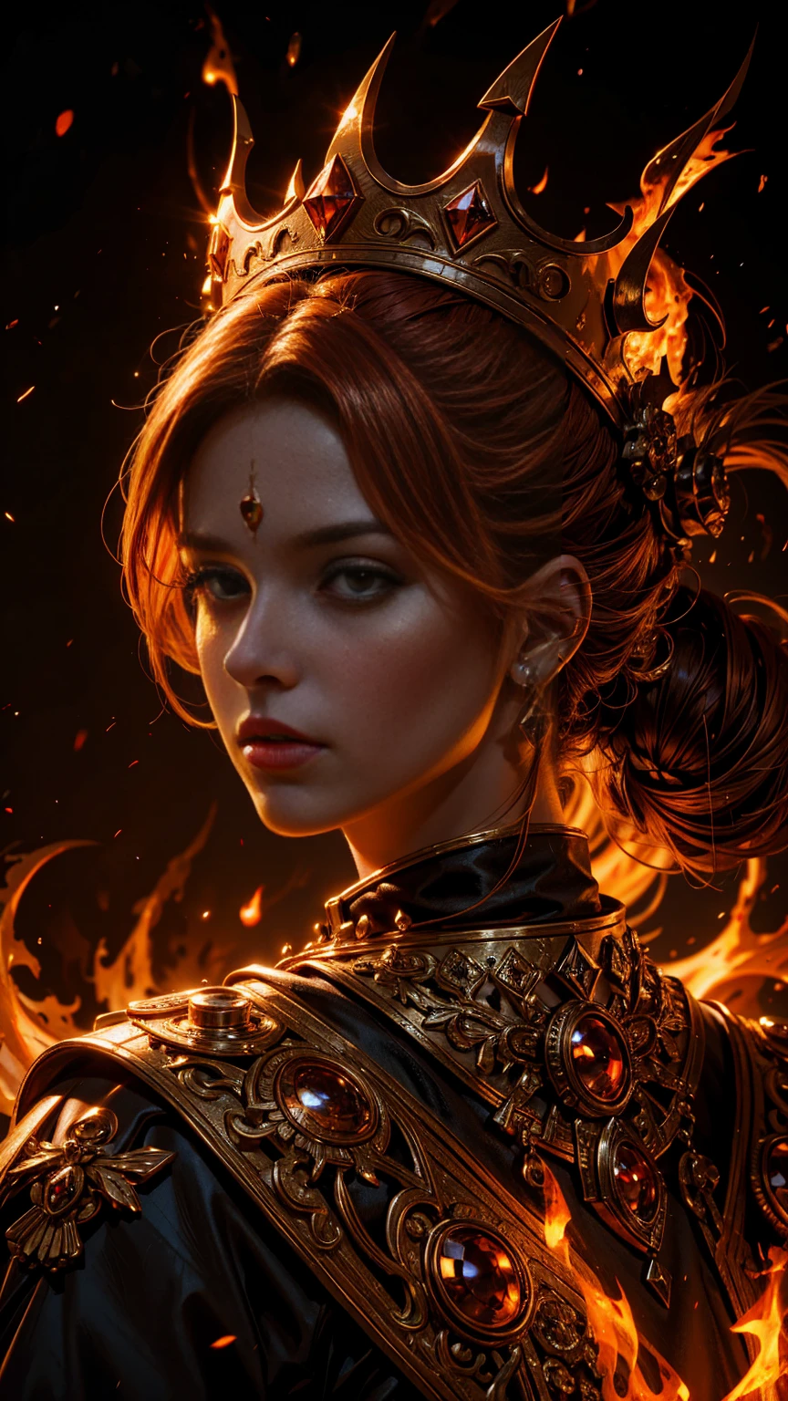 queen of fire character, a crown made of flames, photorealistic, epic, dramatic lighting