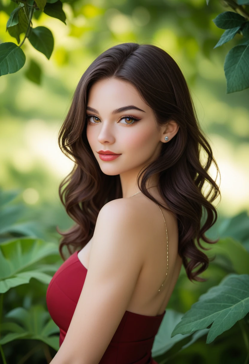 The subject in this image exudes a captivating, refined elegance. Their long, dark hair cascades over their shoulders in lush, glossy waves, framing their face and accentuating their defined, delicate features - subtly arched brows, piercing eyes, and subtly glossed lips that convey a sense of sophisticated allure.
((beautiful face, sexy lady, perfect fingers, hourglass seductive body, big boobs))
The subject's choice of attire, a form-fitting, burgundy-hued mini dress with a high neckline and draped detailing, creates a visually striking and elevated ensemble. The dress's slim, figure-hugging silhouette accentuates the subject's toned physique, while the subtle texturing and rich color palette lend an air of understated sophistication.
The setting, with its stately architectural elements and lush, verdant greenery, provides a refined, urban backdrop that complements the subject's captivating presence. The interplay of light and shadow, coupled with the subject's poised, self-assured stance, radiates a sense of quiet confidence that invites the viewer to become immersed in their alluring essence.
Without identifying the individual, this image celebrates the subject's ability to embody a refined, yet modern personal style that seamlessly blends elements of sophistication and confident self-possession. The interplay of textures, colors, and the subject's captivating demeanor culminate in a visually striking and emotionally resonant portrait that leaves a lasting impression on the viewer.
