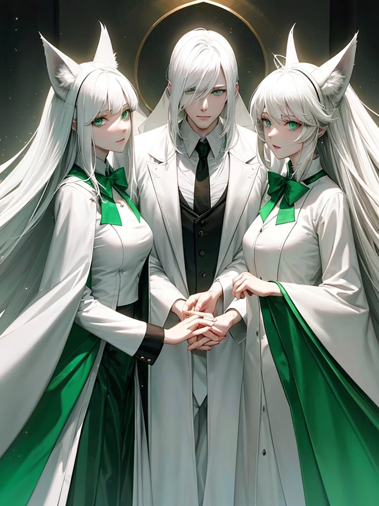 A psychologist with a white coat and wolf ears, beautiful, albino, tall, 28 years old, with his two twin sisters with emerald green eyes.