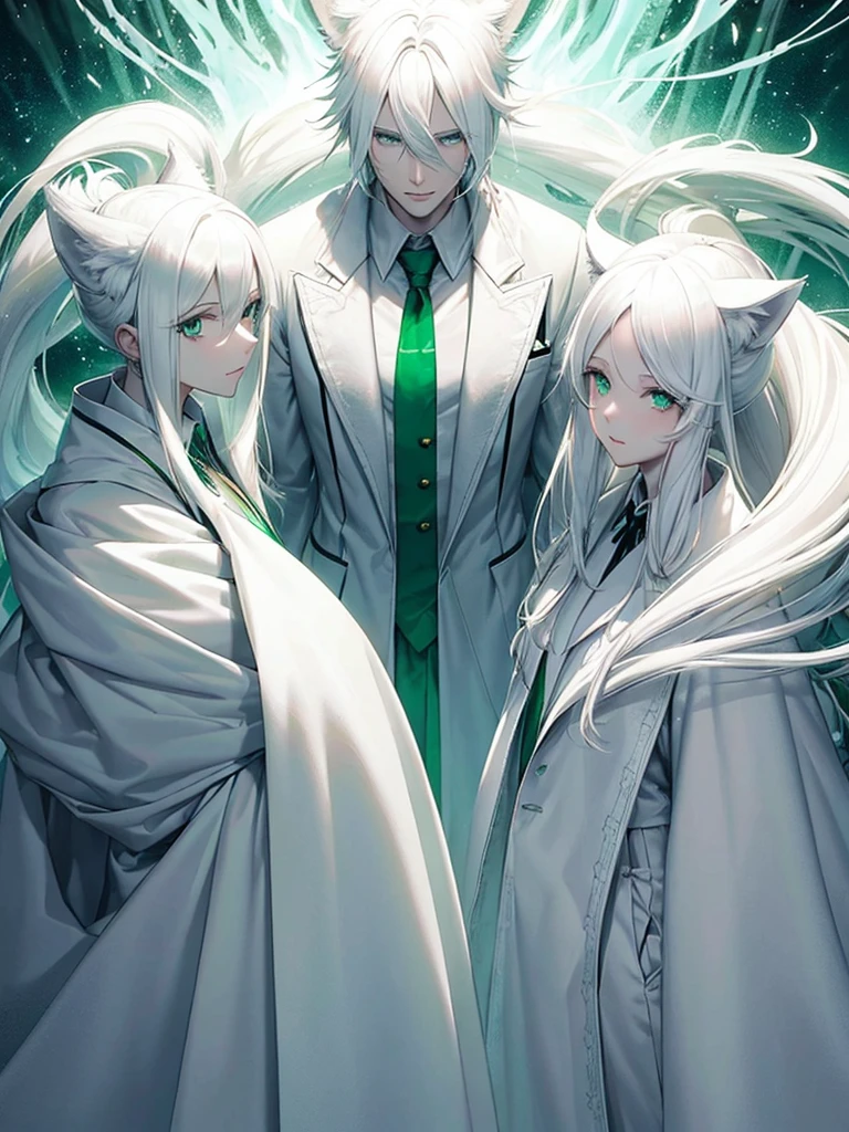 A psychologist with a white coat and wolf ears, beautiful, albino, tall, 28 years old, with his two twin sisters with emerald green eyes.
