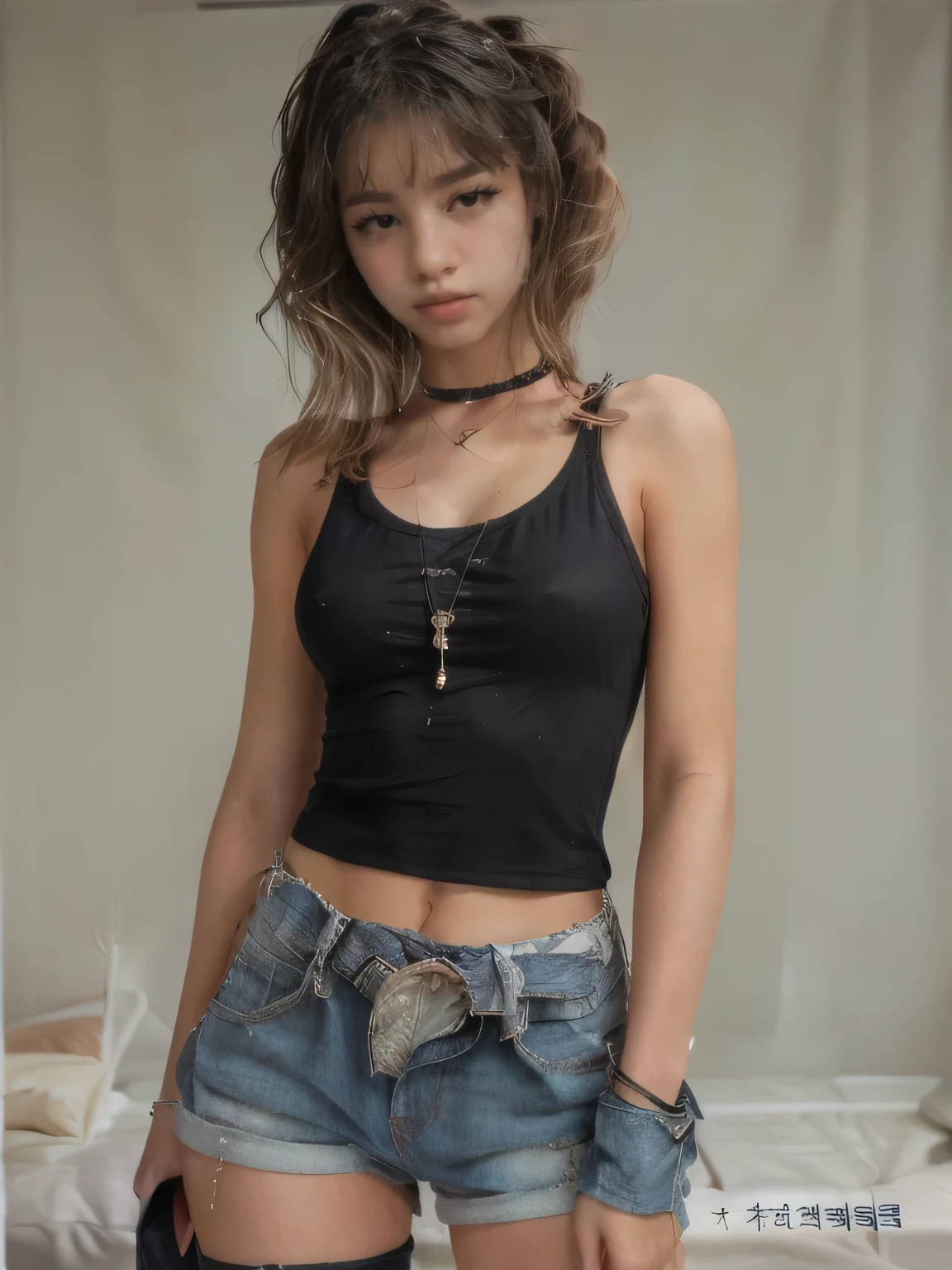 Arafed woman wearing black top and denim shorts posing for a photo., Korean female fashion model, she is wearing a black tank top, Taiwanese girl with tattoos, wearing a short black t-shirt, slim girl model photo, heonhwa choe, wearing a black cropped tank top, Beautiful young Korean woman, janice sung, Sui Ishida with black hair