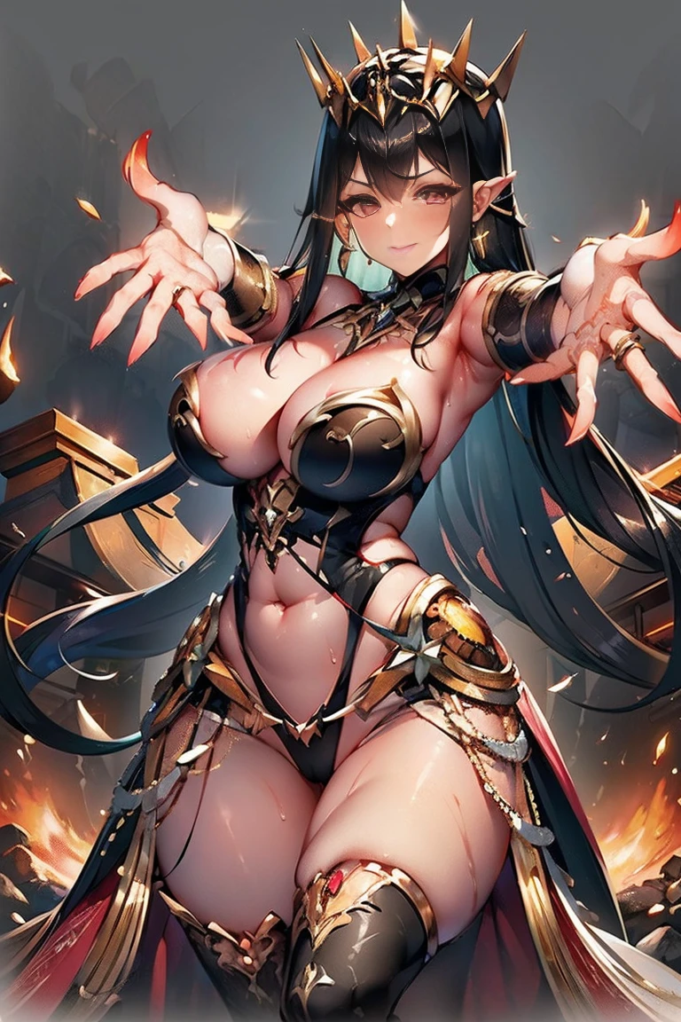 (((outstretched arms, outstretched hand, outstretched fingers))), perfect female hands and fingers, black hair, ???? shoulder, red eyes, very long hair, cleavage, ?????????????, dress, showgirl skirt, high-leg, cleavage cutout, tiara, ???? thighs, gauntlets, ???? shoulder, ???? nails, ???? fingers, ???? hands, good hands, best hands, Correctly aligned fingers, extremely detailed hands and fingers, ultra detailed hands and fingers, super detailed hands and fingers, biologically accurate hands and fingers, (((4 fingers and 1thumb accurate hands and fingers))), beautiful hands and fingers, hands and fingers drawing, human hand and fingers, perfect arrangement of fingers, detail focus hands, perfection hands, better hands, adult face, fearless face, (((both arms, two arms, both hands, two hands))), super fine illustration, masterpiece, masterwork, by famous artist, official art, ultra high res, best quality, high quality, Hand, detailed, perfect, perfection , hands, both hands is Thumb and index finger and middle finger and ring finger and little finger, symmetrical hands, even hands, panties, thighhighs, symmetrical bangs, gleaming skin, oil skin, shiny skin, wet skin, sweat, rouge, exquisite, beautiful,cg unity 8k wall paper, perfect face, ultra detailed beautiful face, perfect nose, perfect mouth, clear eyes, light eyes, perfect eyes, symmetrical eyes, even eyes, 16k, absurdres, perfect body, perfect ???????, perfect proportion, perfect arms, perfect torso, fair skin, 