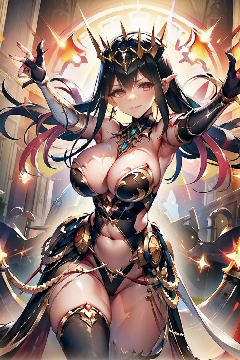 (((outstretched arms, outstretched hand, outstretched fingers))), perfect female hands and fingers, black hair, bare shoulder, red eyes, very long hair, cleavage, large breasts, dress, showgirl skirt, high-leg, cleavage cutout, tiara, bare thighs, gauntlets, bare shoulder, bare nails, bare fingers, bare hands, good hands, best hands, Correctly aligned fingers, extremely detailed hands and fingers, ultra detailed hands and fingers, super detailed hands and fingers, biologically accurate hands and fingers, (((4 fingers and 1thumb accurate hands and fingers))), beautiful hands and fingers, hands and fingers drawing, human hand and fingers, perfect arrangement of fingers, detail focus hands, perfection hands, better hands, adult face, fearless face, (((both arms, two arms, both hands, two hands))), super fine illustration, masterpiece, masterwork, by famous artist, official art, ultra high res, best quality, high quality, Hand, detailed, perfect, perfection , hands, both hands is Thumb and index finger and middle finger and ring finger and little finger, symmetrical hands, even hands, panties, thighhighs, symmetrical bangs, gleaming skin, oil skin, shiny skin, wet skin, sweat, rouge, exquisite, beautiful,cg unity 8k wall paper, perfect face, ultra detailed beautiful face, perfect nose, perfect mouth, clear eyes, light eyes, perfect eyes, symmetrical eyes, even eyes, 16k, absurdres, perfect body, perfect anatomy, perfect proportion, perfect arms, perfect torso, fair skin, 