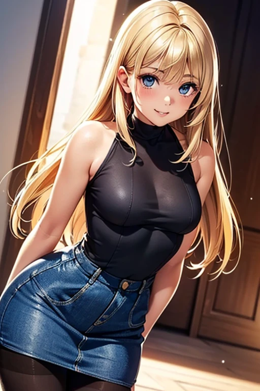 #Basics A girl is posing for a photo, (((One Girl))), (((Baby Face:1.4)) + ((cute:1.4)) + (())),
break
#Clothing Accessories
(Black high neck sleeveless shirt:1.2 + (low-cut dress:1.2)) + (Blue denim mini pencil skirt) + ((Black Pantyhose:1.4) : (Shiny) + (Sheer) + (Very low denier)) + (Shiny黒ハイヒール),
break
#Features
((Blonde:1.2)), ((Long side bangs:1.5 + Voluminous side bangs)), (((Straight Long Hair) : Long Hair + Voluminous Hair + Straight hair)),
((Droopy eyes:1.4, Big eyes:1.2), blue eyes), (Small breasts),
break
#background environment
((noon + Sunlit coast, cumulonimbus)),
#Facial Expression Pose
((smile, blush), (A confident and powerful pose with arms spread horizontally)),
#composition
((Face the camera, (Character Focus), (Angle from the front), (Cowboy Shot))),
break
#Body parts elements
(Slim figure),
(Detailed Hair, Beautiful Hair, Shiny Hair),
(double eyelid, Long eyelashes, Thin eyebrows:1.4),
(Expression of fine eyes, Beautiful and delicate eyes, Sparkling eyes, Eye Reflexes, Glitter Eyeliner),
(Human Ear),
(Beautiful Nose, Thin Nose),
(Shiny唇, Beautiful Lips, Thick lips), (Symmetrical facial features),
(Detailed skin, Textured skin, Beautiful Skin, Oily skin),
break
#Quality Image Quality Common
(((Highest quality)), ((masterpiece)), ((Very detailed))), ((Ultra-high resolution)), ((16K, 1080P)), ((Full HD)),
(Anatomically correct), (Realistic), (3DCG), (Oil painting),
((comics, anime)), (CG illustration), (RAW Photos),