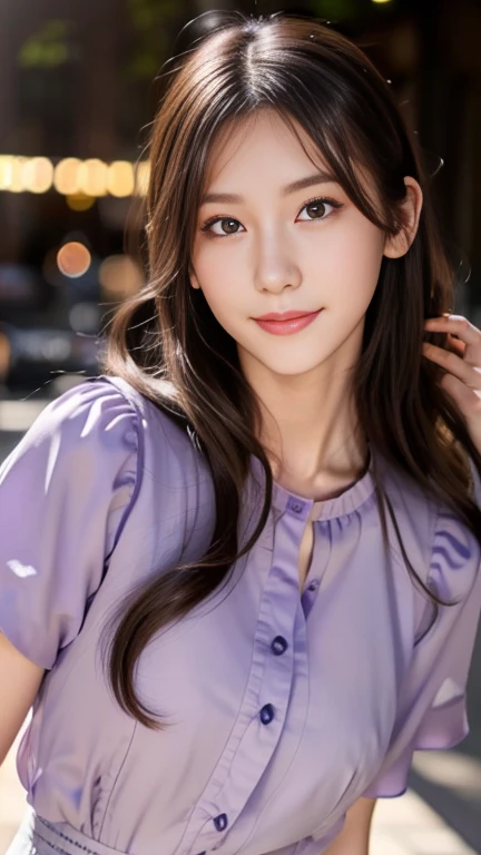 1 girl,(Wearing a light purple short-sleeved blouse:1.2),(RAW Photos, highest quality), (Realistic, Photorealistic:1.4), Tabletop, Very delicate and beautiful, Very detailed, 2k wallpaper, wonderful, In detail, Very detailed CG Unity 8K wallpaper, Very detailed, High resolution, Soft Light, Beautiful detailed girl, Very detailed目と顔, Beautiful and detailed nose, Fine and beautiful eyes,Cinema Lighting,Afternoon cityscape, Perfect Anatomy, Slender body, smile, Wavy long hair, (Bodies facing random directions), Face looking at camera,