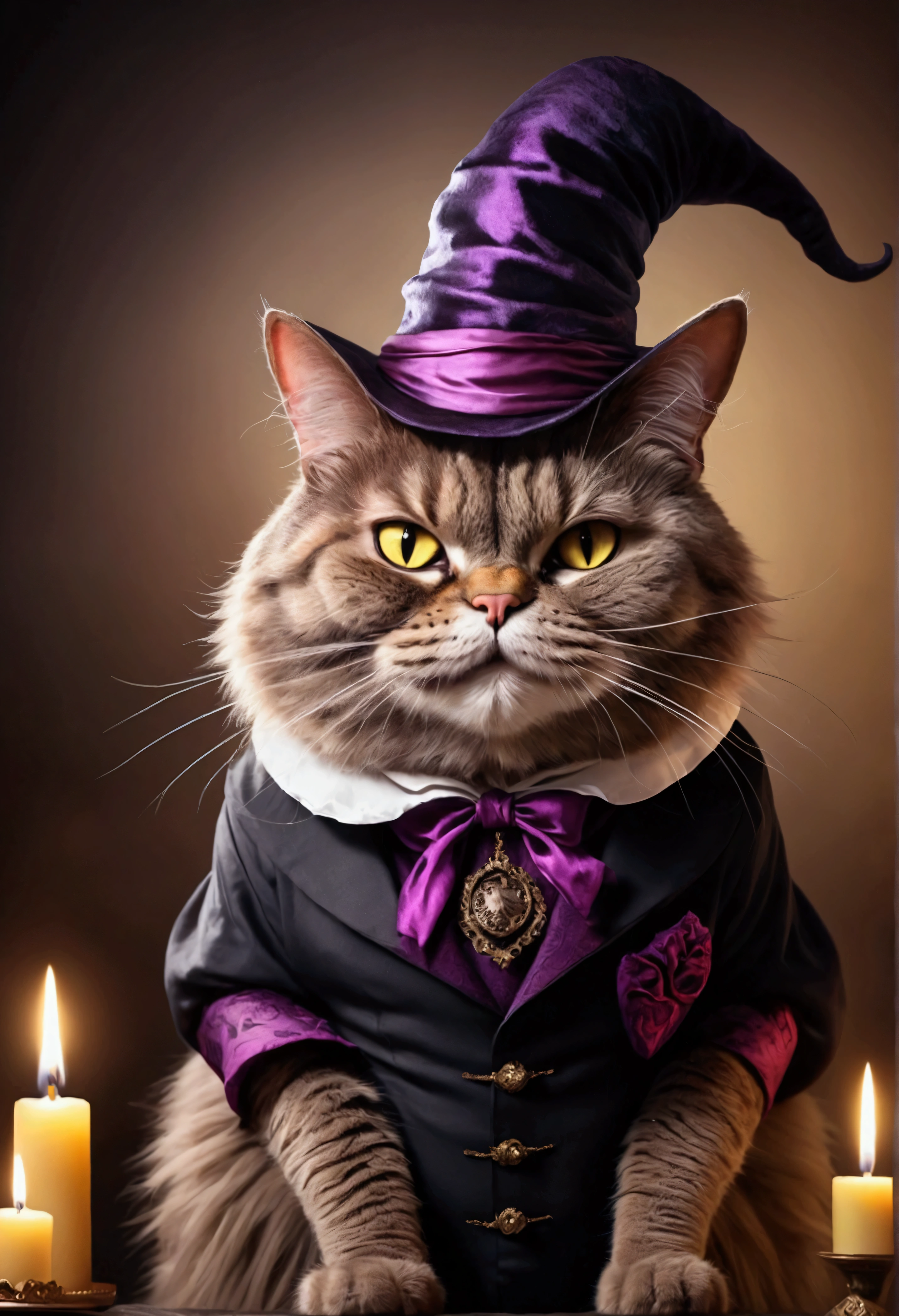 Demonic fat cat, with a mysterious smile, Cheshire cat. photorealistic portrait of dressed animals In aristocratic clothes, witch hat. A mystical fairy-tale animal with a big mustache. Cinematic effect, ultra high quality, soft light, soft shadows