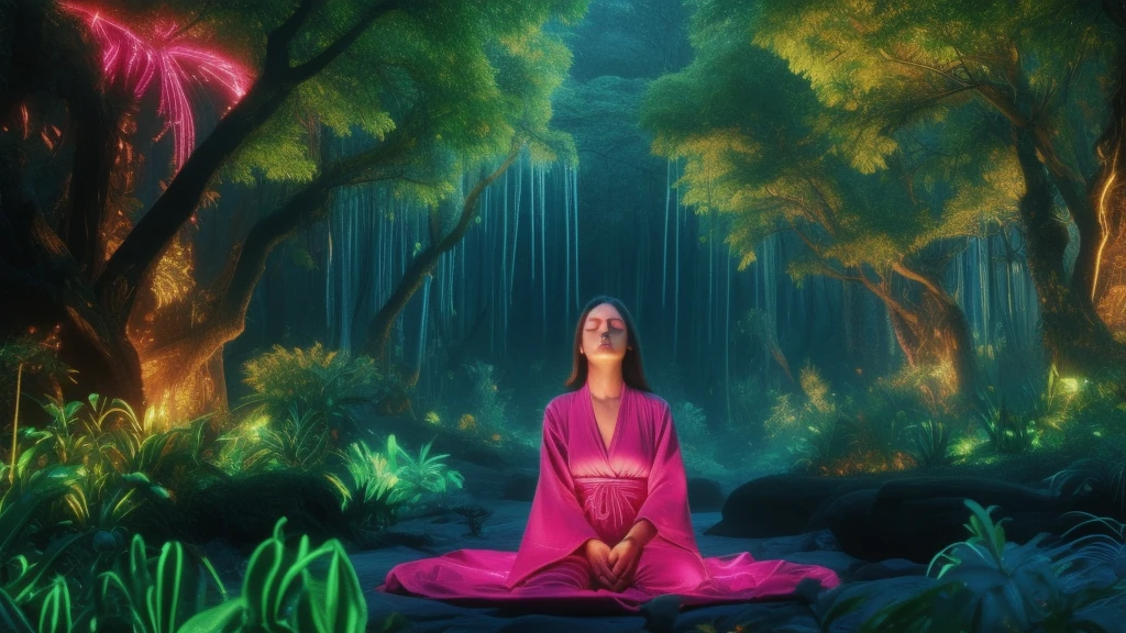 a person meditating in a wide robe, beautiful lush valley landscape, enchanted world, feeling of contemplation, symbols of nature, strong vibrant colors, cinematic lighting