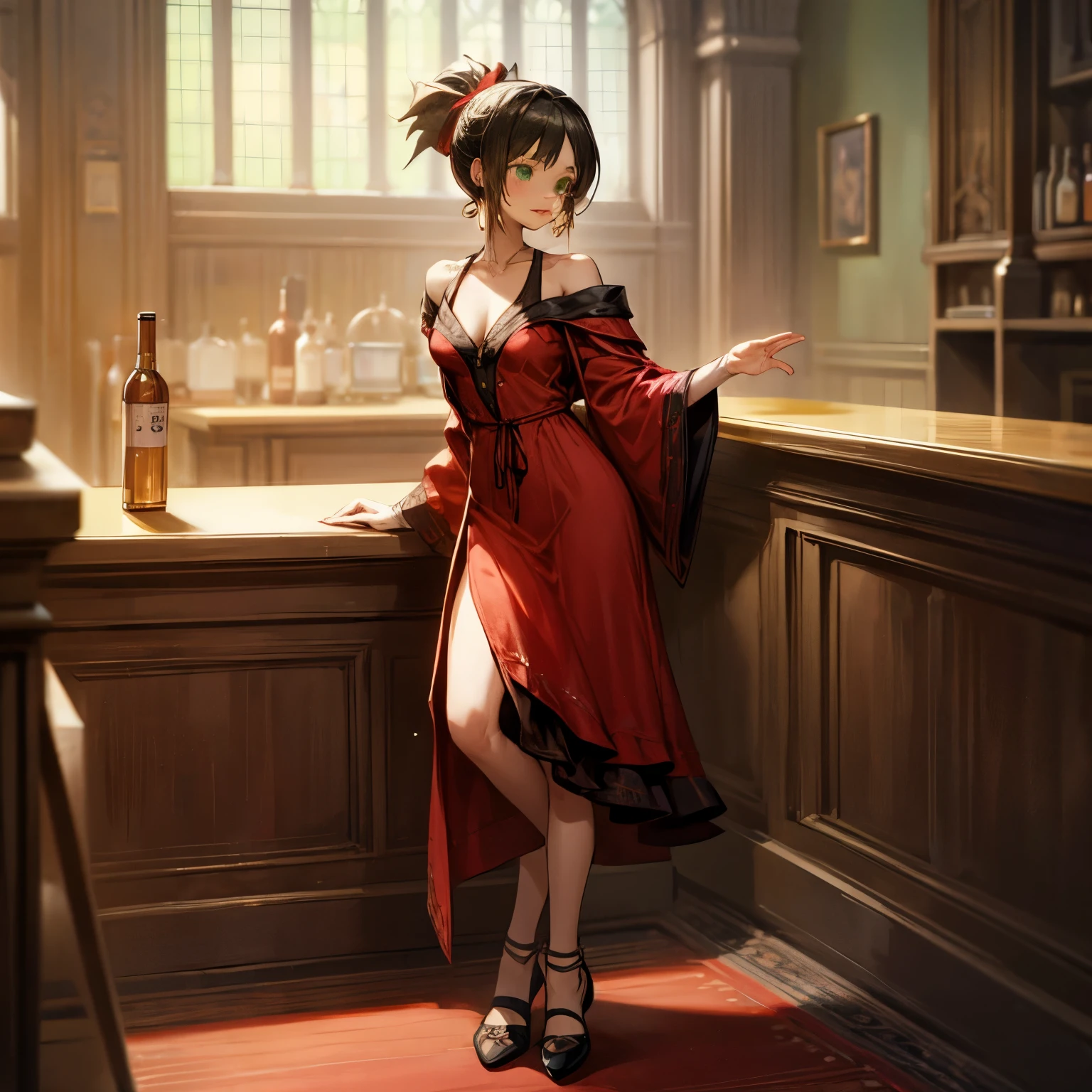 solo, young girl, green eyes, short haircut, ponytail, black hair, bare shoulder clothing, casual outfit, shoes, Bandage, hoop earrings, red lipstick, indoor, medieval town, bar, morning day, full body version, full shot camera, (detailed background, detailed hair, detailed clothing), (Bleach style art), big breasts, sad eyes, smile mouth, standing gesture 