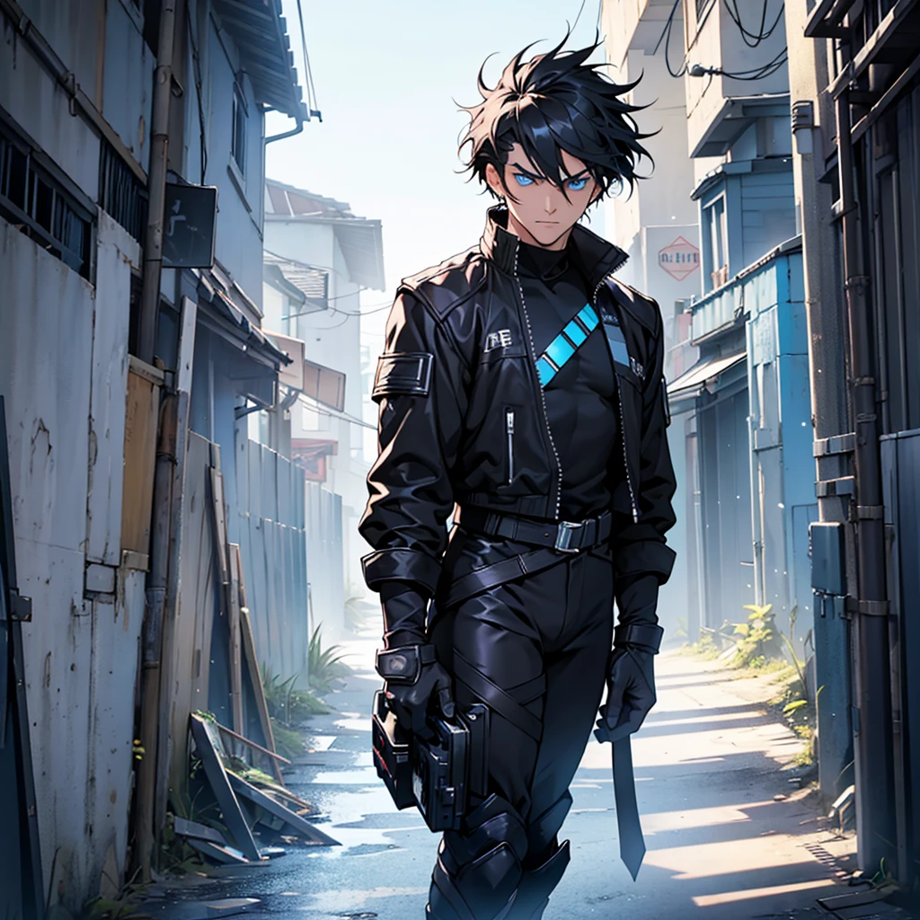 
	• Icarus: Icarus is standing at the end of the alley, his hair is black and sleek with his dark jacket blowing slightly in the wind.. His expression is firm, and his blue eyes shine with determination. His posture is tense, ready for combat. In your hands, his combat gloves are activated, with light flashes of energy.
