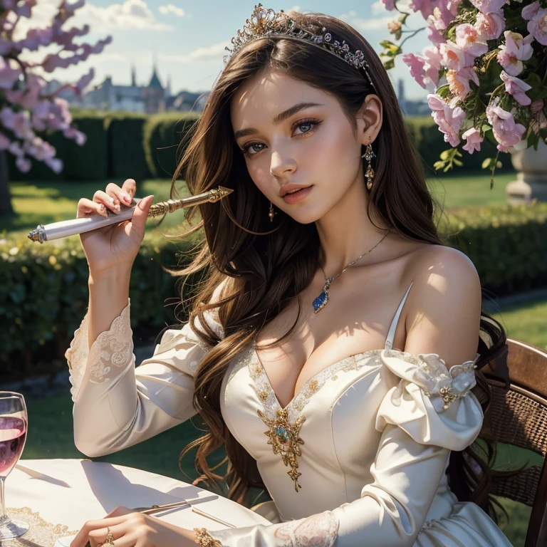 (masterpiece, best quality:1.5), highest quality, High resolution, super detailed, Realists, Upper body photo of a brunette young magical girl, detailed and beautiful eyes, beautiful detailed lips, very detailed eyes and face, longeyelashes, white satin wedding dress, Holding a magic wand in your hand, Cast a transformation spell, With her magic wand she turns stones into wine, Glowing wands available,Beautiful and colorful makeup, elegant and noble々The jewelry bag, Gardens as background, soft daylight, bright colors, fine brushstrokes, Portrait style, Silk dress fabric, beautiful color palette, glowing skin, First-class rendering, that captures every detail, enchanting atmosphere, subtle shadows and lights, (perfect anatomy:1.2), (The stunning magical girl in a wedding dress turns stones into white. Wine on a table(a transformation with the magic wand:1.4), (magnificent panorama view:1.2)