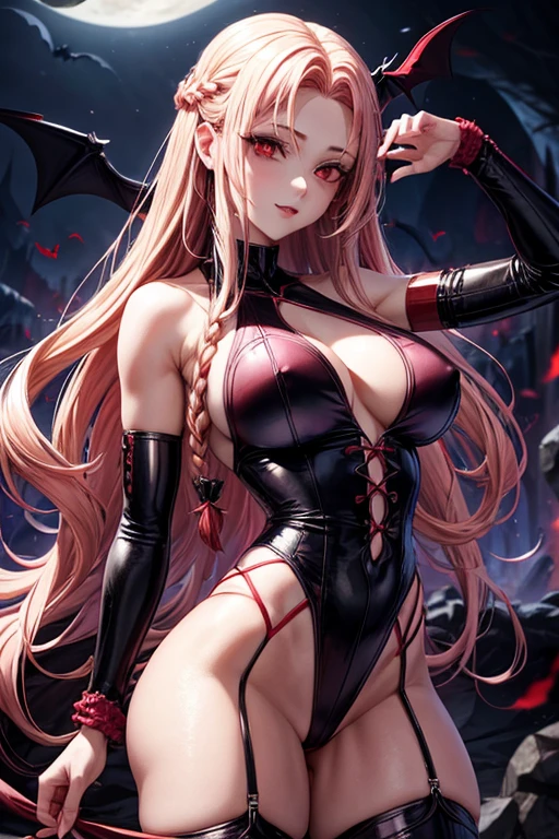 vampire red eyes .Red mouth . purple braided blonde hair. with athletic body slim waist big breasts buttocks in a bloody clothes in a bat cave