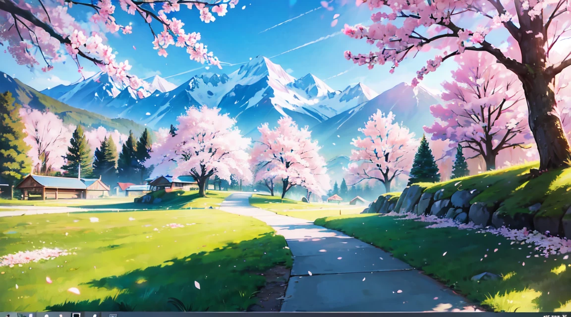 (RAW Photos, Best Quality), (animesque: 1.2), Mountains々, Spring scenery, Cherry blossoms are blooming, sunny sky, Soft lighting, High quality, Professional Lighting, Photon mapping, Physically Based Rendering,